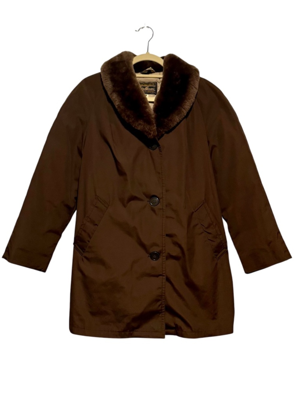 Vintage Eddie Bauer Brown Goose Down Faux Fur Collar Coat Jacket Size 12